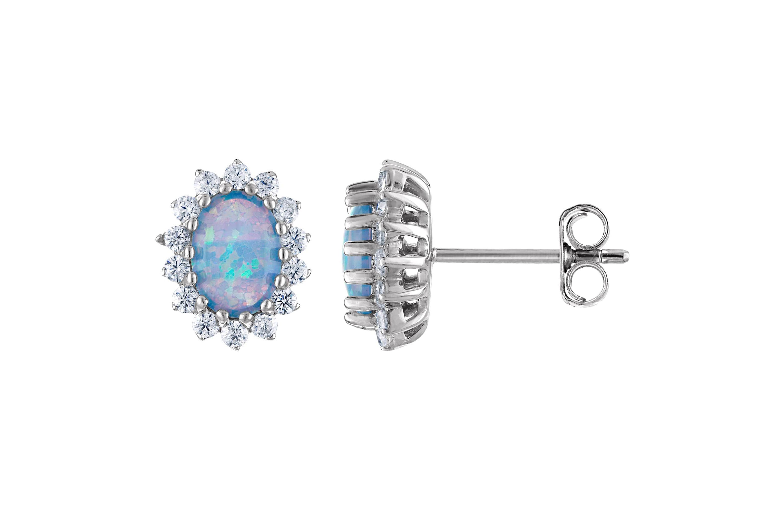 Lab Created Sterling Silver Created Blue Opal And White Cz Stud Earring