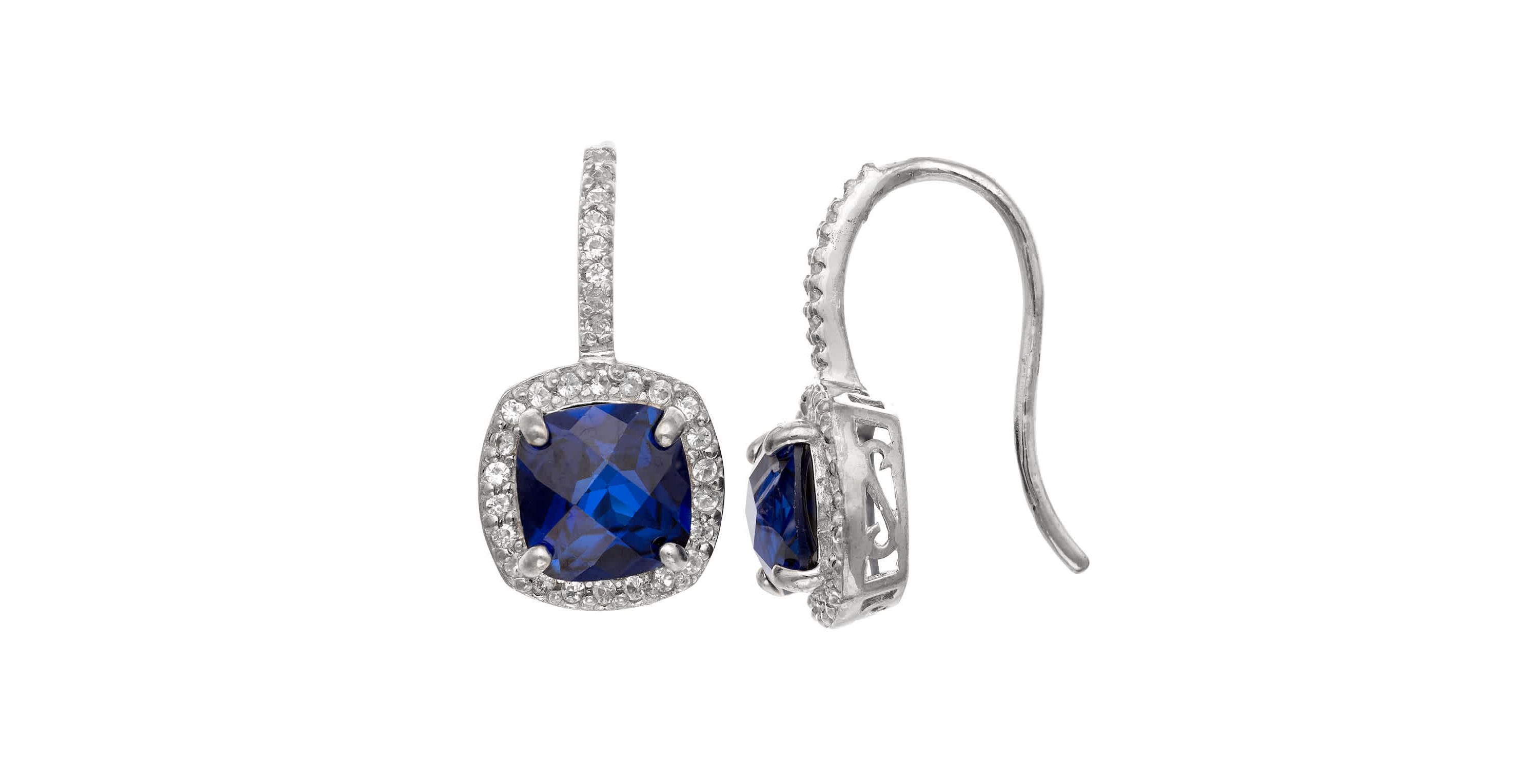Lab Created Sterling Silver Created Blue And White Sapphire Cushion Hook Earring