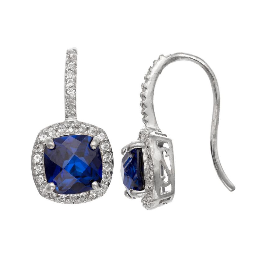 Lab Created Sterling Silver Created Blue And White Sapphire Cushion Hook Earring