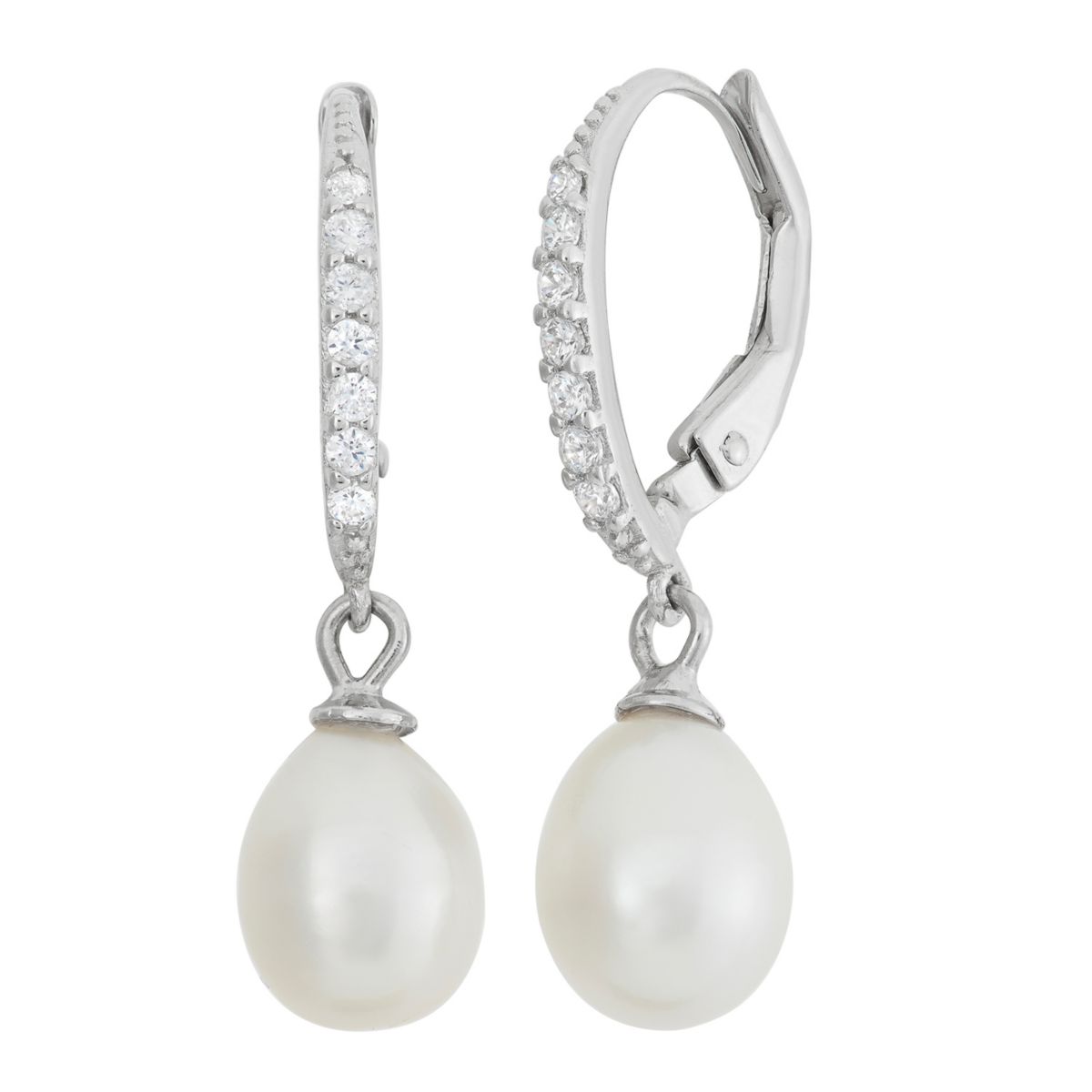 Sterling Silver Freshwater Pearl And Created White Sapphire Leverback