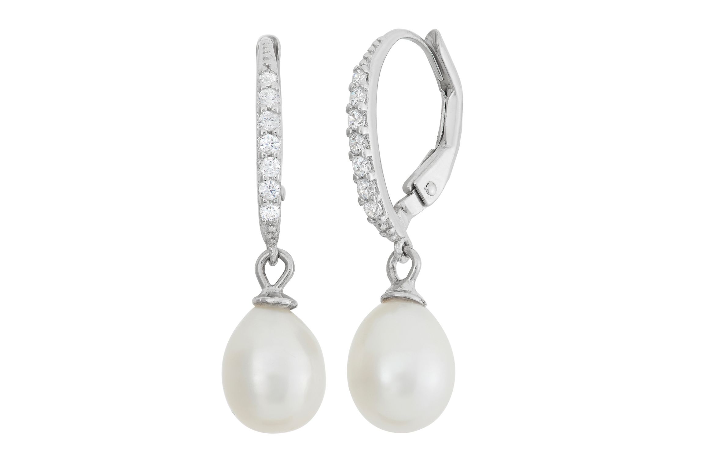 Sterling Silver Freshwater Pearl And Created White Sapphire Leverback