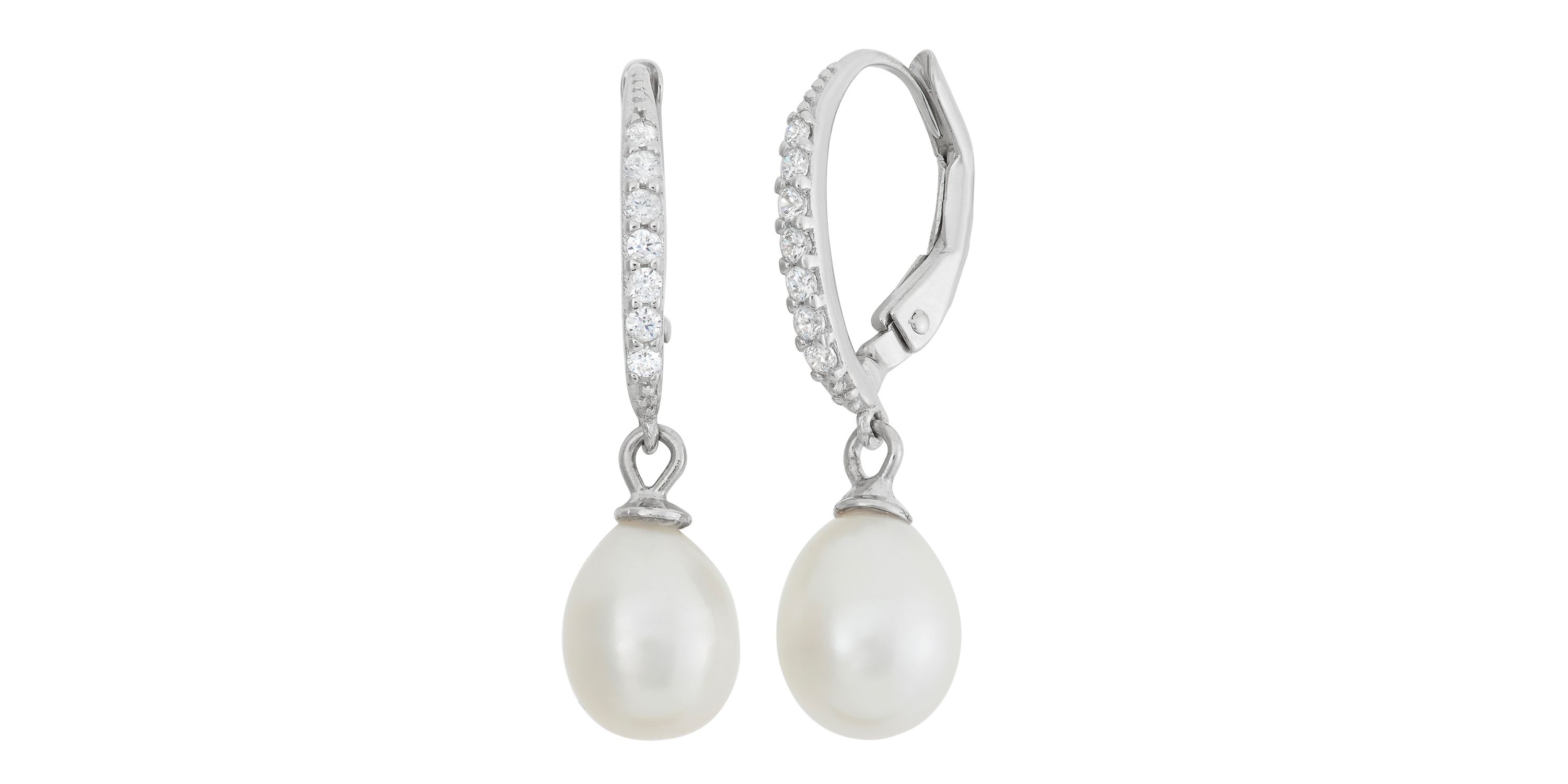 Sterling Silver Freshwater Pearl And Created White Sapphire Leverback