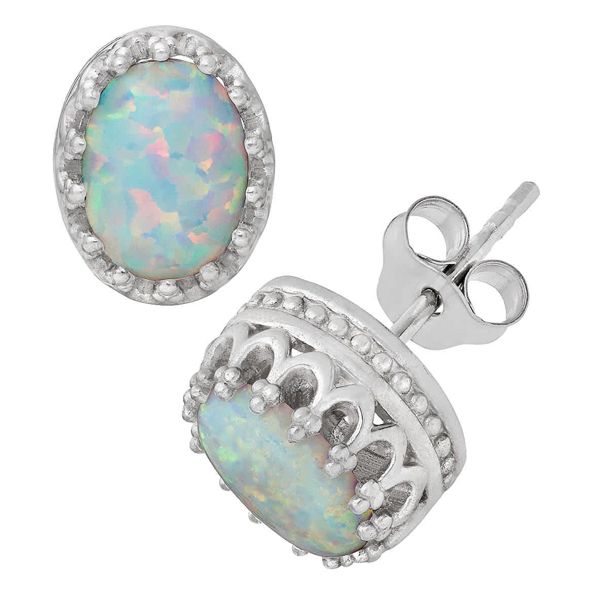 Lab Created Sterling Silver Created White Opal Crown Oval Stud Earring