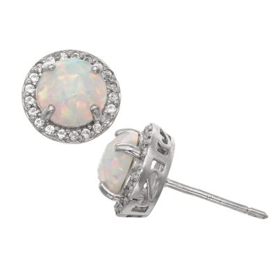 Jordan Blue NYC Lab Created Sterling Silver Created White Opal And White Sapphire Round Halo Stud Earring