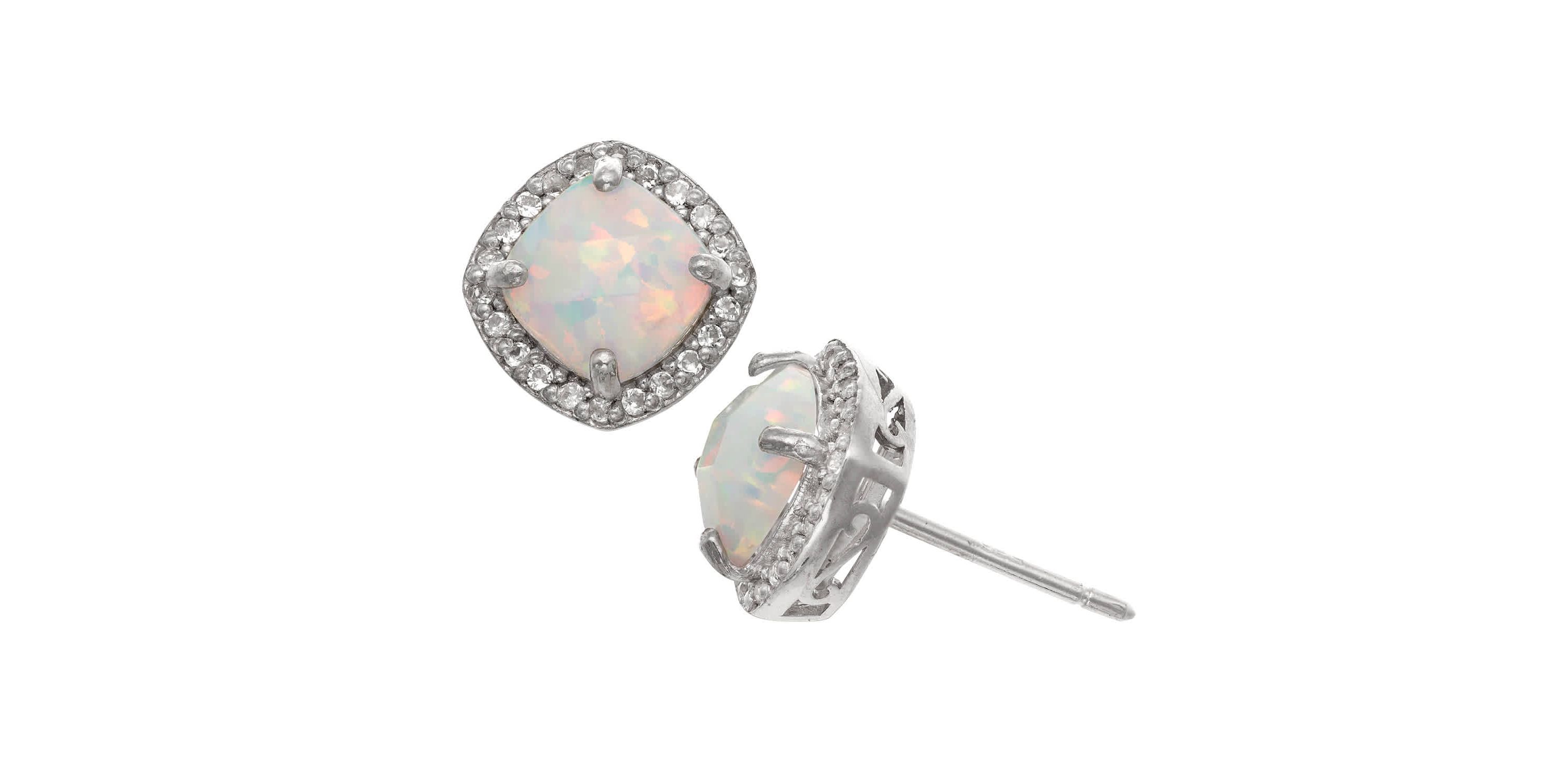 Lab Created Sterling Silver Created White Opal Cushion Stud Earring