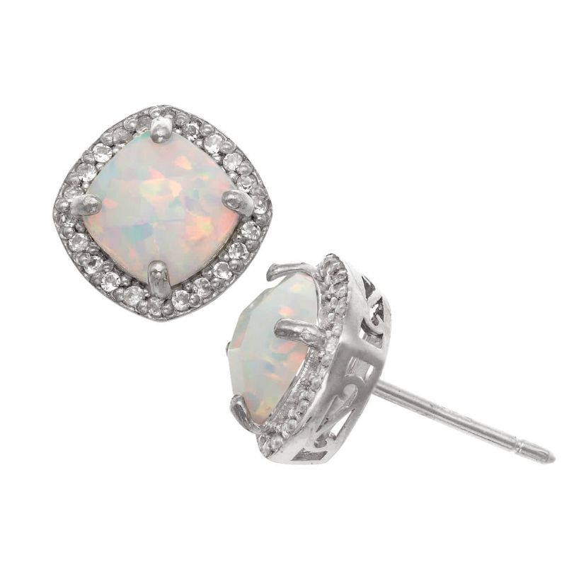 Lab Created Sterling Silver Created White Opal Cushion Stud Earring