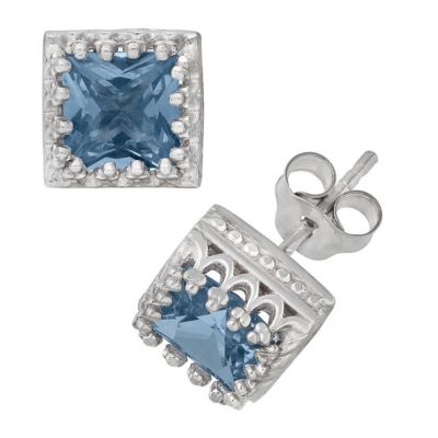 Jordan Blue NYC Lab Created STERLING SILVER CREATED AQUA 6MM SQUARE CROWN STUD EARRINGS