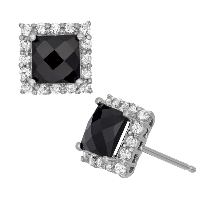 Sterling Silver Black Onyx And White Sapphire Oct Stud Earrings