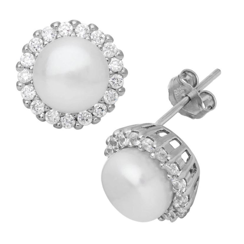 Sterling Silver Fresh Water Pearl And White Cz Stud Earring