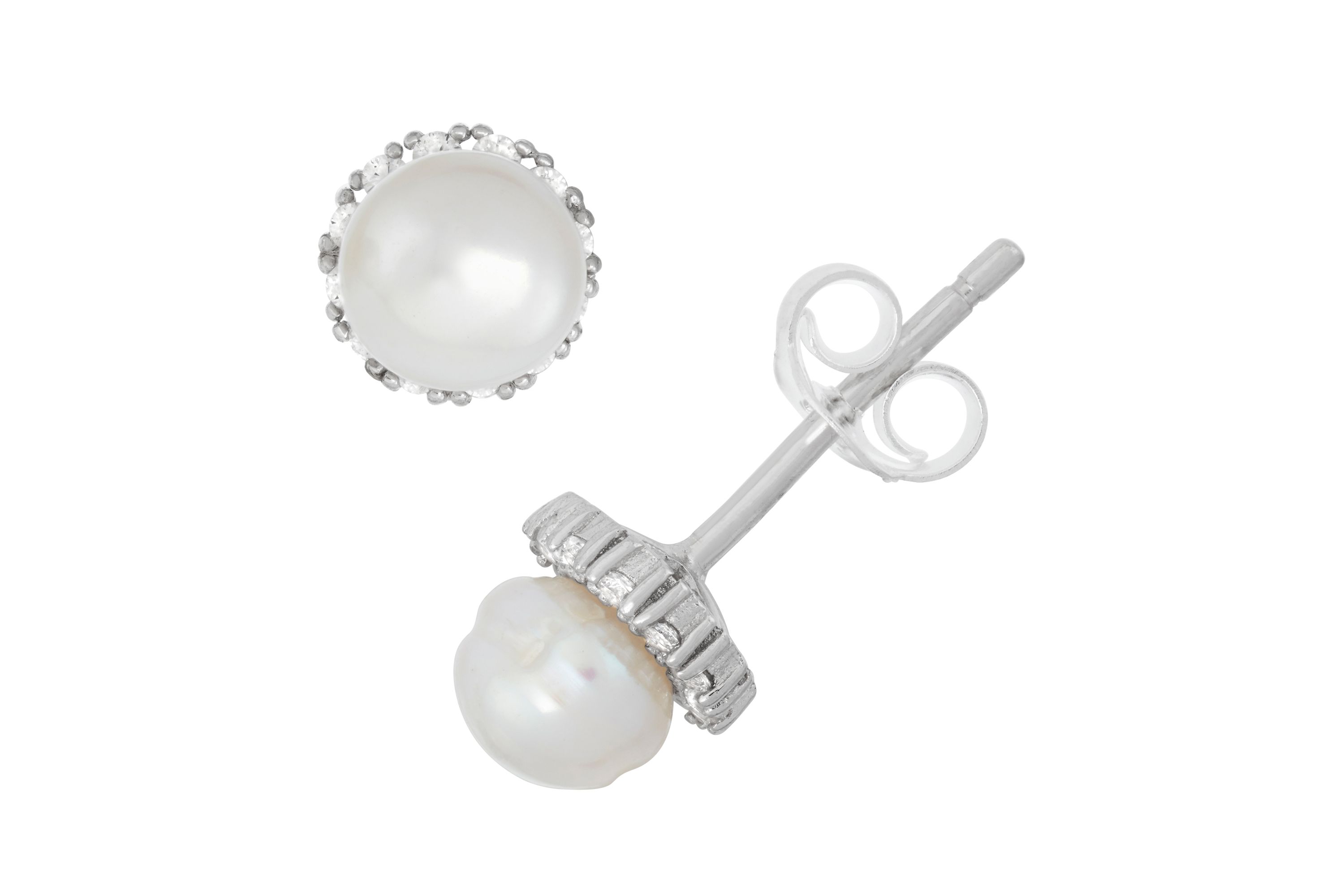 Sterling Silver Freshwater Pearl And Cz Earrings
