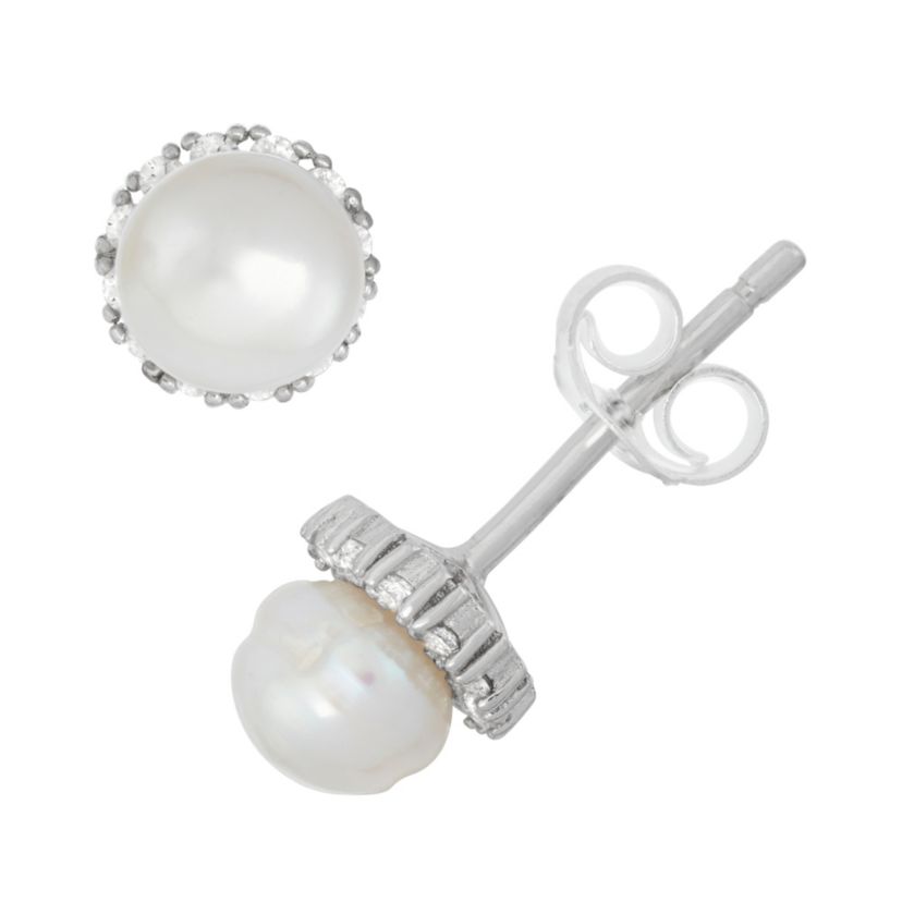 Sterling Silver Freshwater Pearl And Cz Earrings