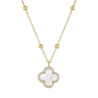 Jordan Blue NYC Sterling Silver Mother Of Pearl And White Cz Clover Necklace, Yellow