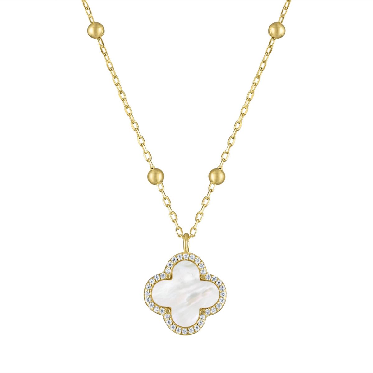 Sterling Silver Mother Of Pearl And White Cz Clover Necklace