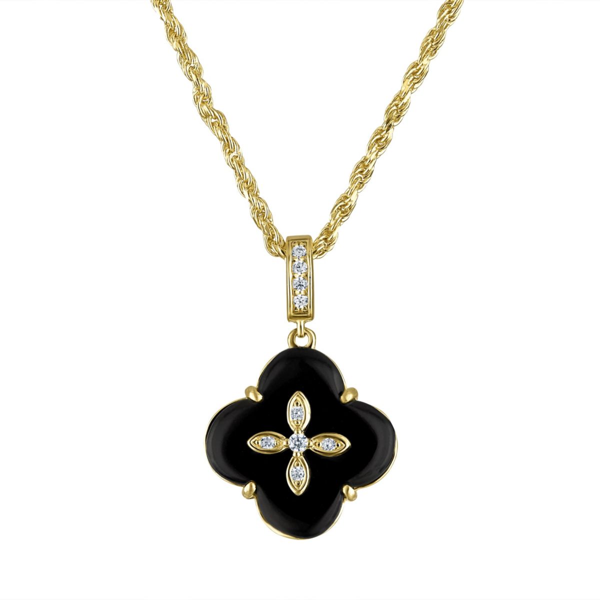 Sterling Silver Black Onyx And White Cz Clover Necklace