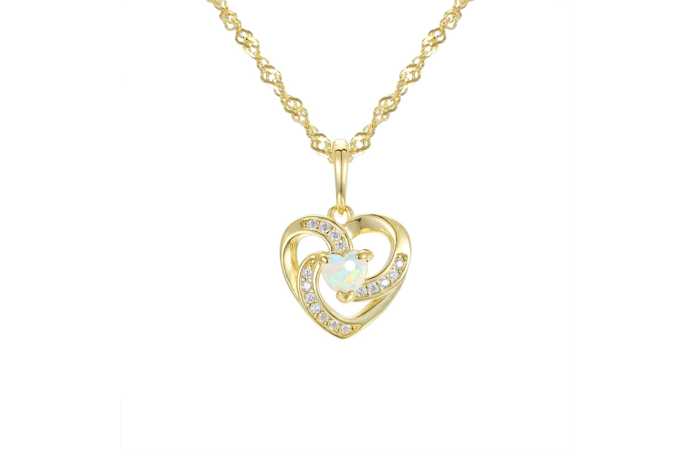 Lab Created Sterling Silver Created White Opal And White Cz Heart Pendant W/Chain