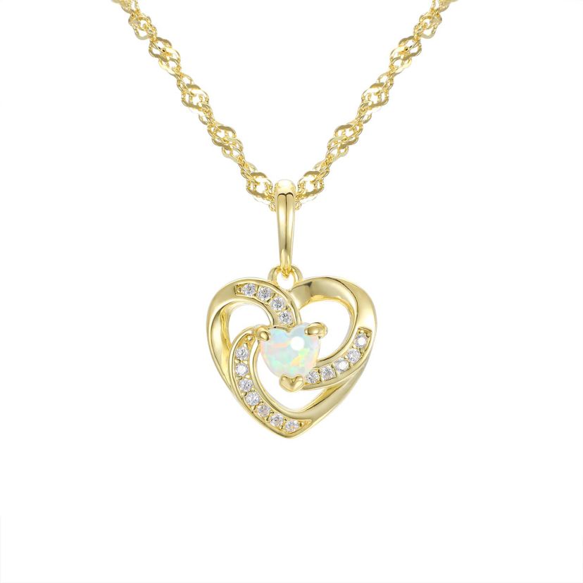 Lab Created Sterling Silver Created White Opal And White Cz Heart Pendant W/Chain