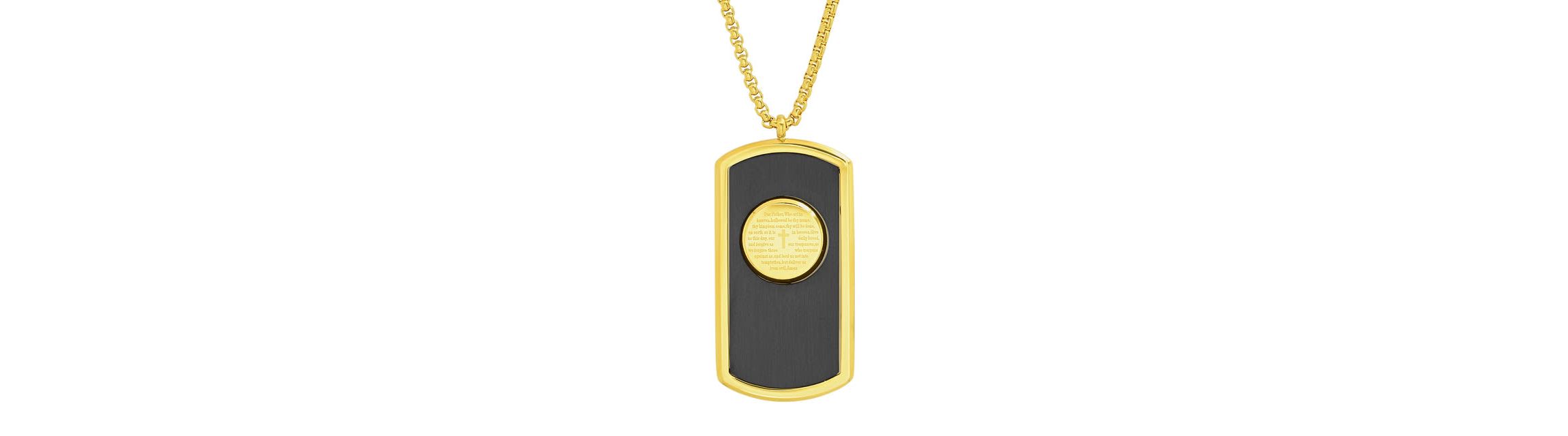 Mens two tone black ip and 18k gold plated stainless steel Our Father dog tag pendant