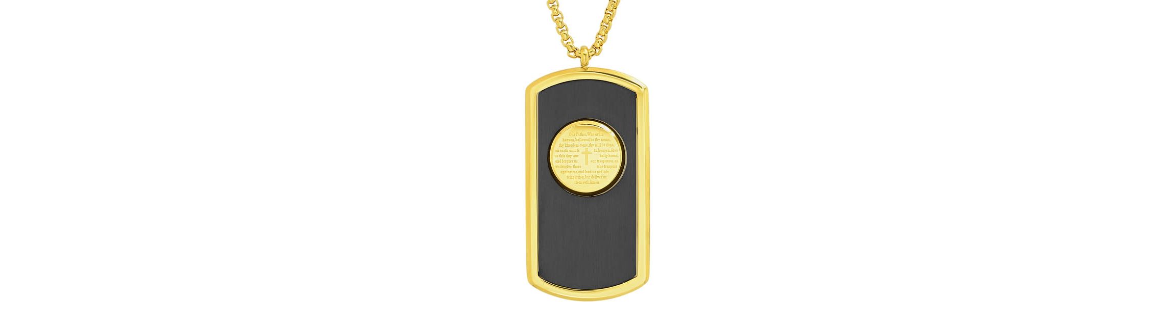 Mens two tone black ip and 18k gold plated stainless steel Our Father dog tag pendant