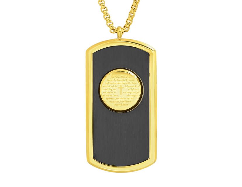 Mens two tone black ip and 18k gold plated stainless steel Our Father dog tag pendant