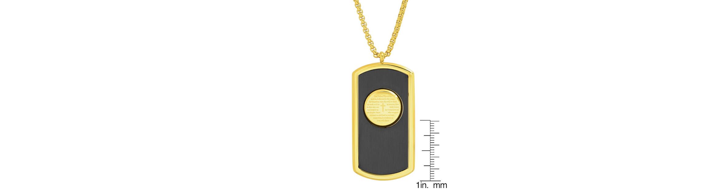Mens two tone black ip and 18k gold plated stainless steel Our Father dog tag pendant