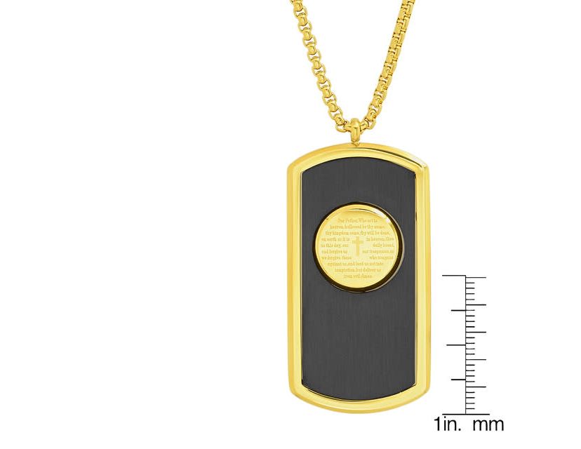 Mens two tone black ip and 18k gold plated stainless steel Our Father dog tag pendant