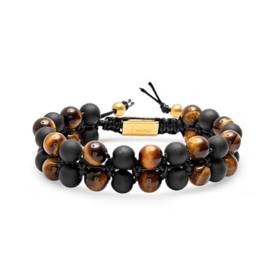 STEELTIME Lab Created Men's tiger eye and black lava beaded drawstring bracelet with 18k gold plated stainless steel accents, Brown