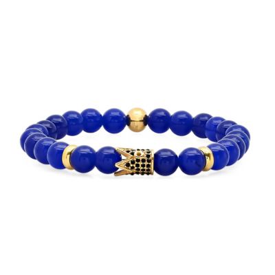 STEELTIME Lab Created Men's blue agate beaded bracelet with 18k gold plated stainless steel and simulated black diamond crown charm