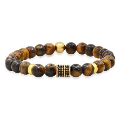 STEELTIME Men's tiger eye, 18k gold plated stainless steel and simulated black diamond beaded bracelet