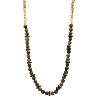 STEELTIME Men's tiger eye, black rubber and 18k gold plated stainless steel box chain necklace
