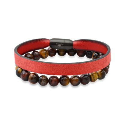 STEELTIME Men's 2pc set genuine tiger eye beaded bracelet and genuine red leather & black ip stainless steel bracelet