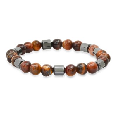 STEELTIME Men's red tiger eye and hematite beaded stretch bracelet