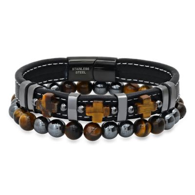 STEELTIME Men's 2pc set black leather, tiger eye crosses and black ip stainless steel/hematite & tiger eye beaded bracelets