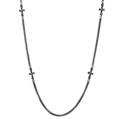 STEELTIME Men's oxidized stainless steel round link chain and crosses necklace, Silver