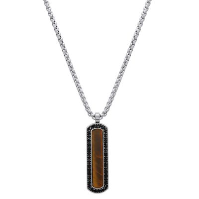 STEELTIME Lab Created Men's stainless steel, black simulated diamonds and tiger eye dog tag pendant