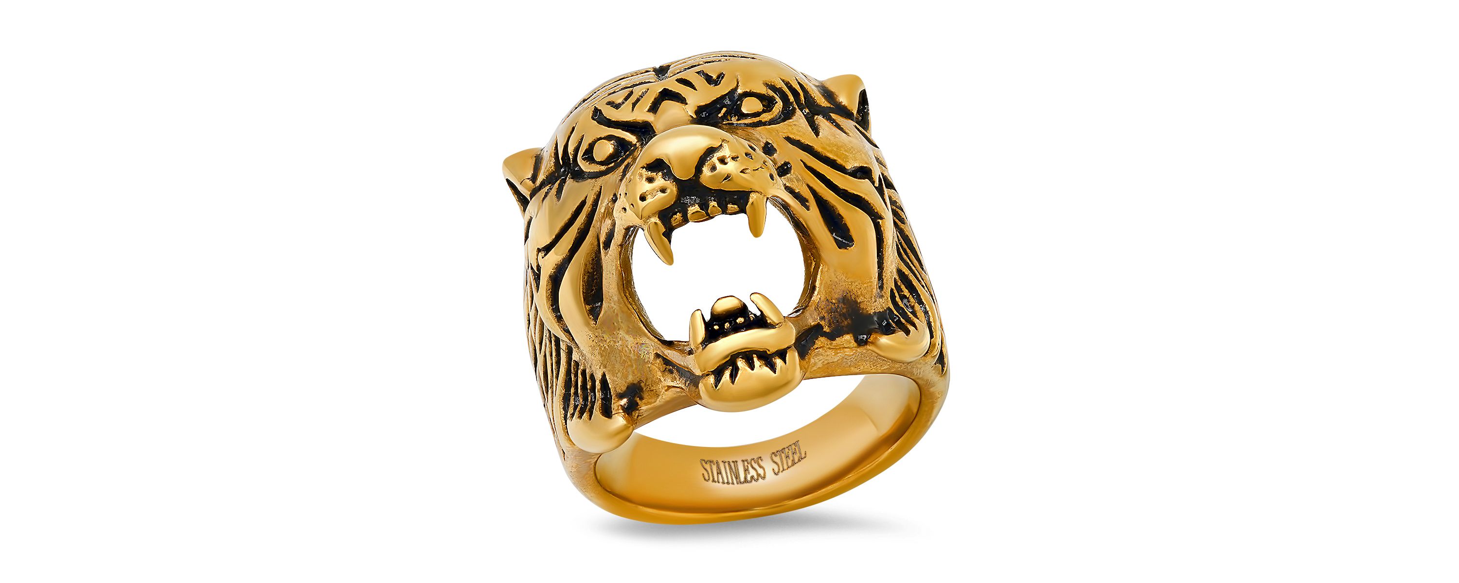 Mens 18k gold plated stainless steel tiger head ring