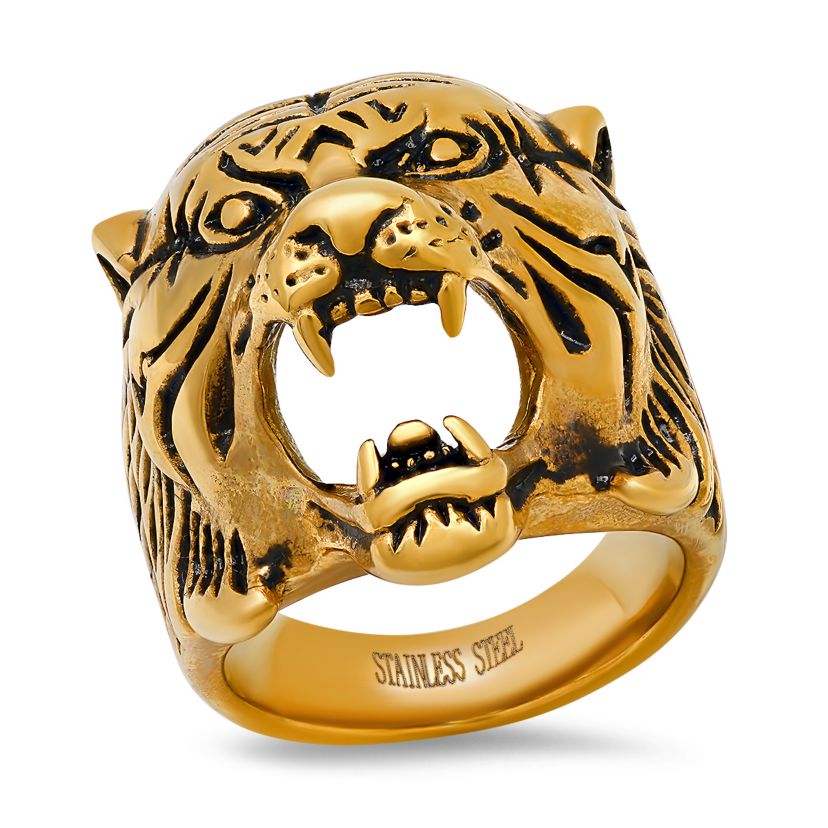 Mens 18k gold plated stainless steel tiger head ring