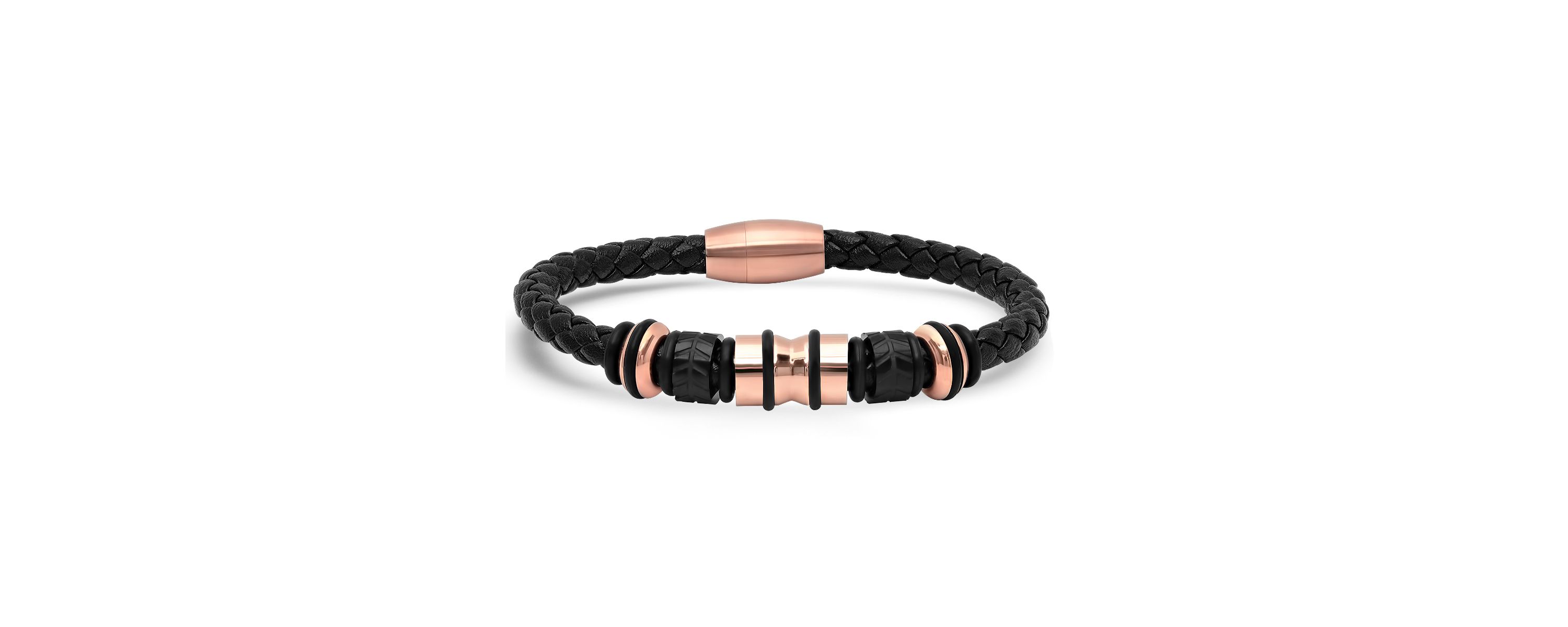 Mens genuine black leather braided bracelet with 18k rose gold plated stainless steel accents