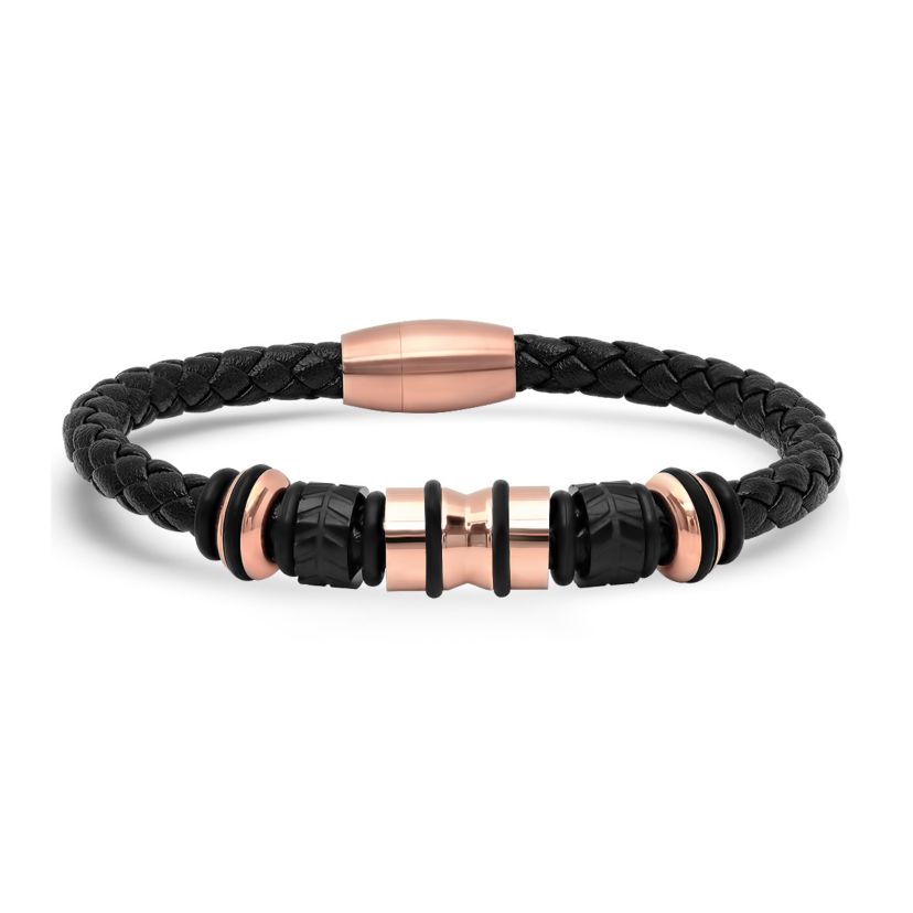 Mens genuine black leather braided bracelet with 18k rose gold plated stainless steel accents