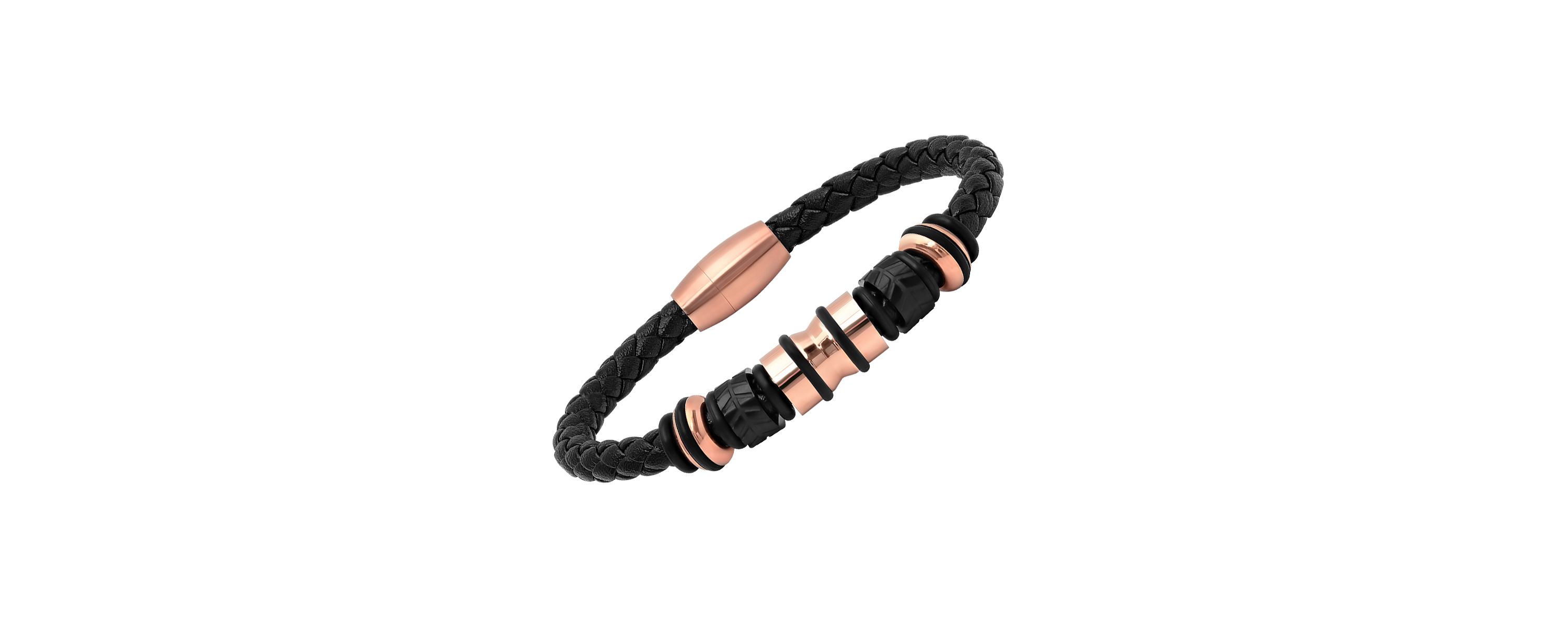 Mens genuine black leather braided bracelet with 18k rose gold plated stainless steel accents