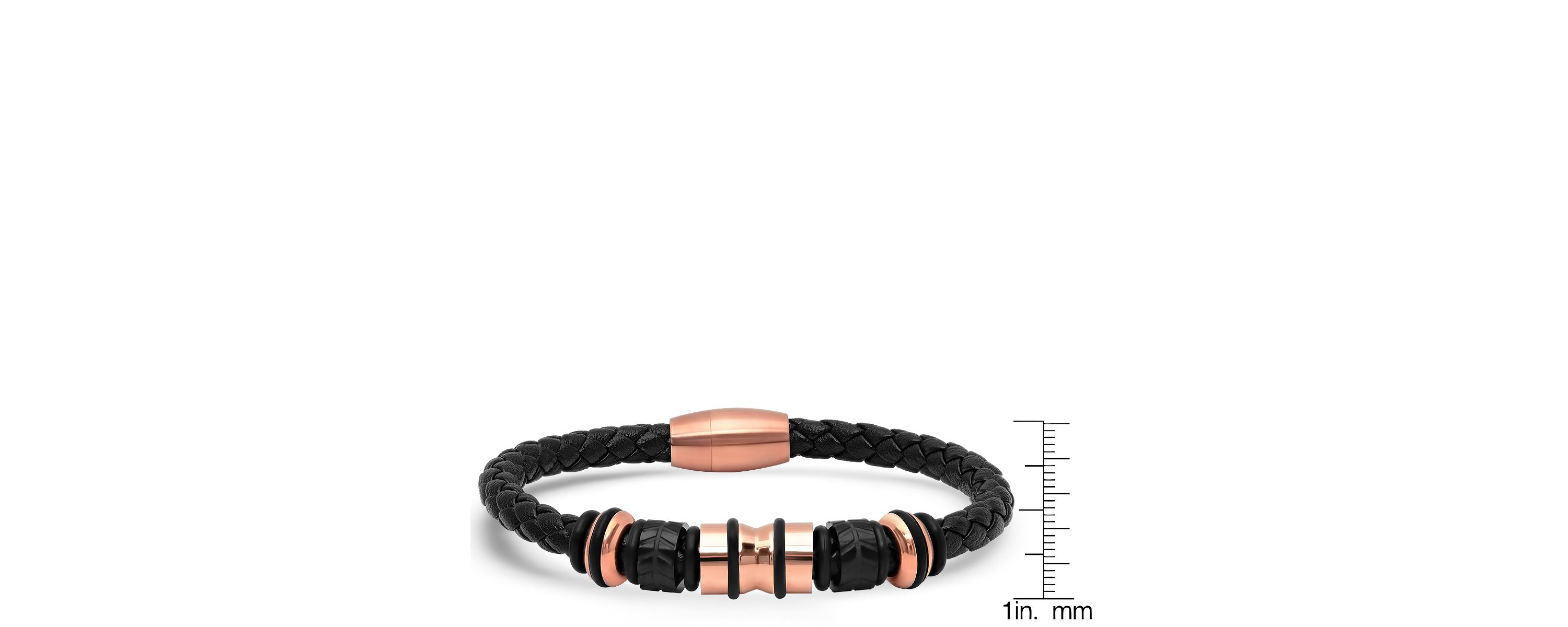 Mens genuine black leather braided bracelet with 18k rose gold plated stainless steel accents