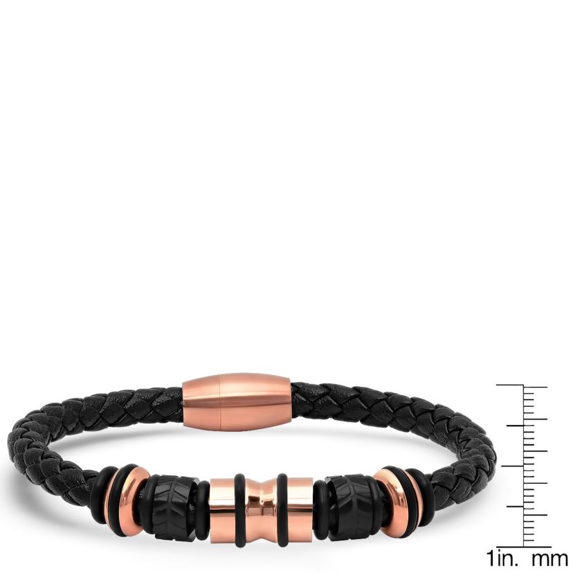 Mens genuine black leather braided bracelet with 18k rose gold plated stainless steel accents