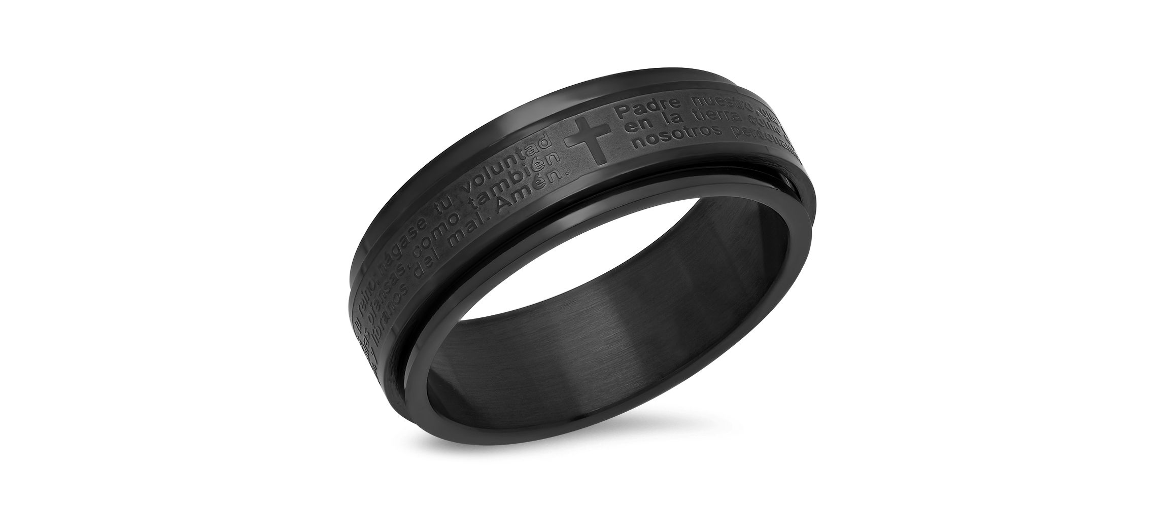 Mens black ip stainless steel padre nuestro prayer spinner ring