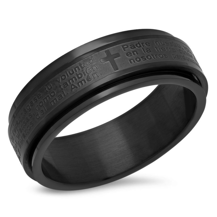 Mens black ip stainless steel padre nuestro prayer spinner ring
