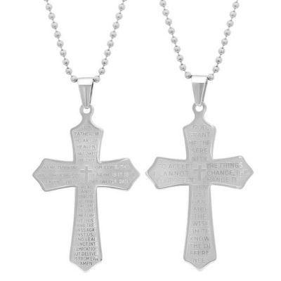 STEELTIME Men's Stainless steel double sided prayer cross pendant with our father lord's prayer and serenity prayer, Silver