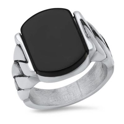 STEELTIME Men's stainless steel and simulated onyx chain link ring, Silver, 10