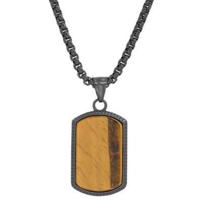 STEELTIME Men's 18k gold plated stainless steel and tiger eye dog tag pendant, Black