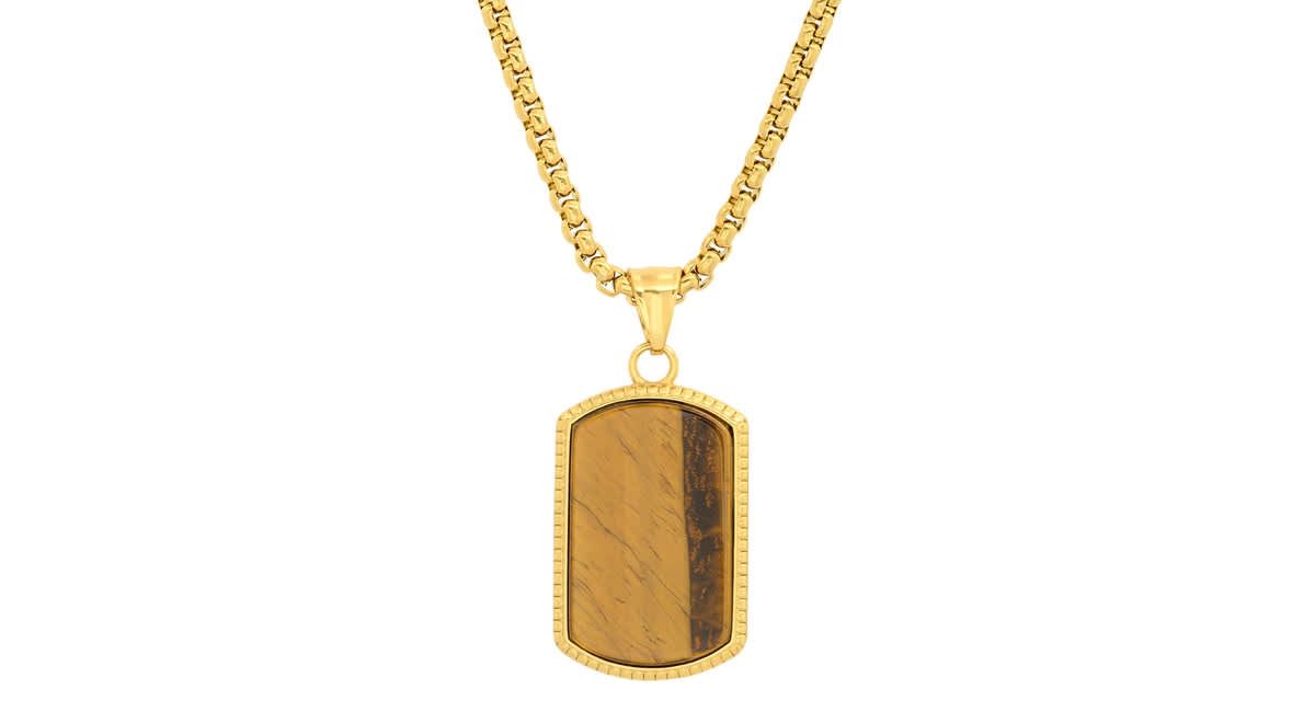 Mens 18k gold plated stainless steel and tiger eye dog tag pendant
