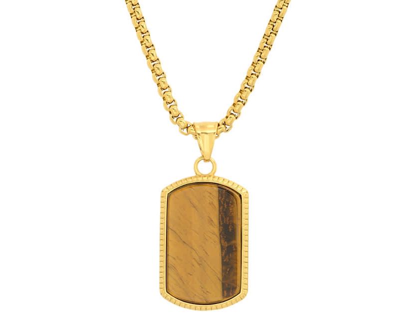 Mens 18k gold plated stainless steel and tiger eye dog tag pendant