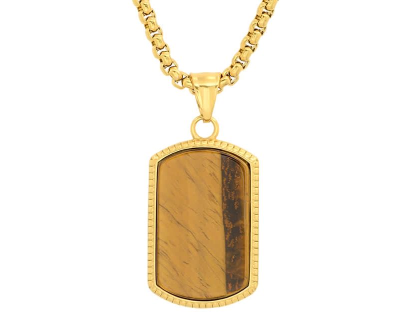 Mens 18k gold plated stainless steel and tiger eye dog tag pendant