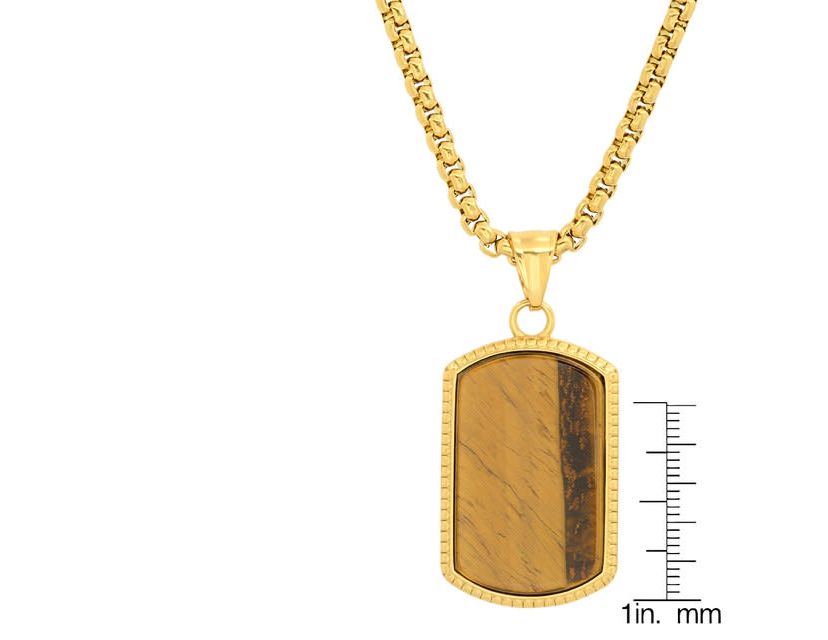 Mens 18k gold plated stainless steel and tiger eye dog tag pendant